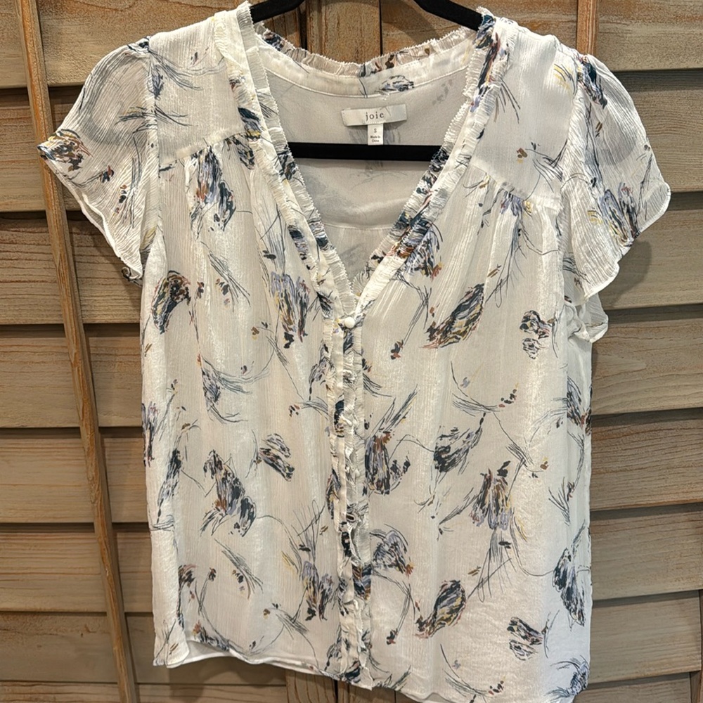 Joie Saesha Silk Top in Porcelain White Blue Floral Short Sleeve Blouse S $228